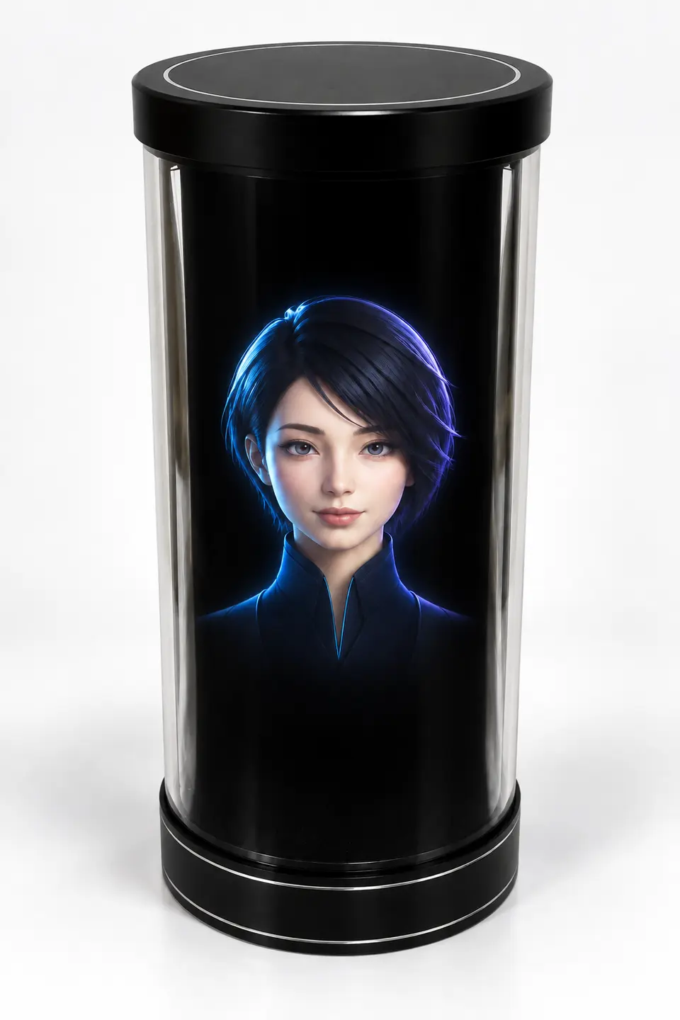 Gloria's illuminated face floating in black space inside a cylinder with clear acrylic walls and black caps